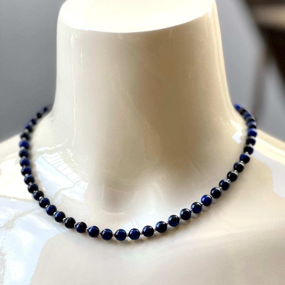 925 Sterling Silver Blue Tiger Eye natural stone choker necklace